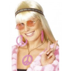 Hippie Set Brille, Kette Stirnband Pink Party Kostümzubehör 70er Jahre Party