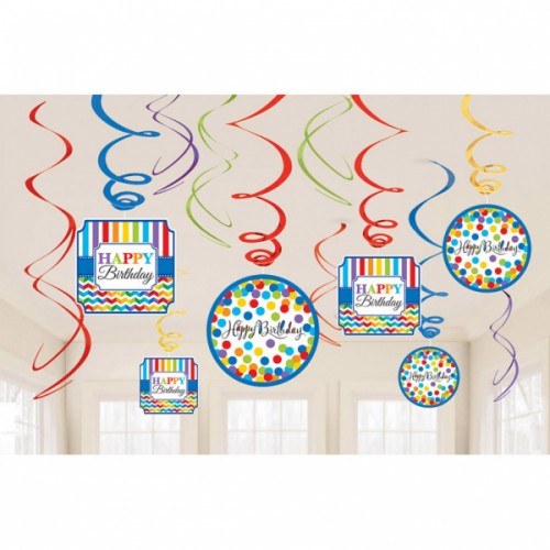 Partydeko Bright Hängedeko 12 Stück Swirl Geburtstag Happy Birthday