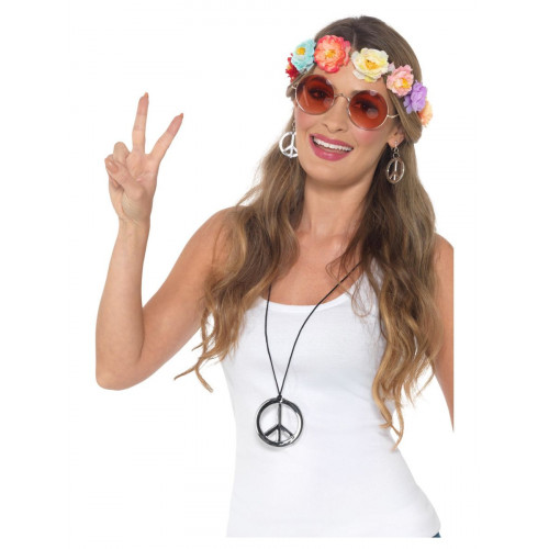 Hippie Set Frauen Blumenstirnband, Brille, Kette Schlagerparty 60er 70er Jahre Party