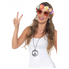Hippie Set Frauen Blumenstirnband, Brille, Kette Schlagerparty 60er 70er Jahre Party