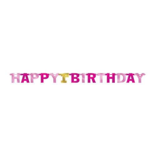 Partydeko 1. Geburtstag Girlande Banner Happy 1. Birthday Mädchen Rosa