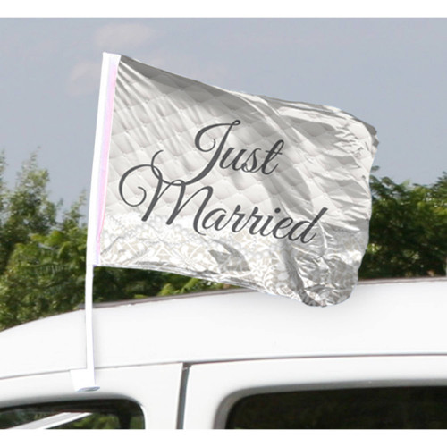 2 x elegante Autofahne Just Married Hochzeit Deko Auto Banner weiß silber